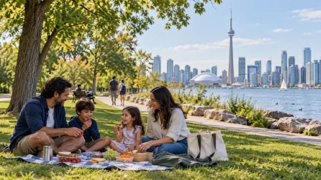 A family picnic in a Toronto neighbourhood park with simple food, a light bag and a relaxed short walking route
