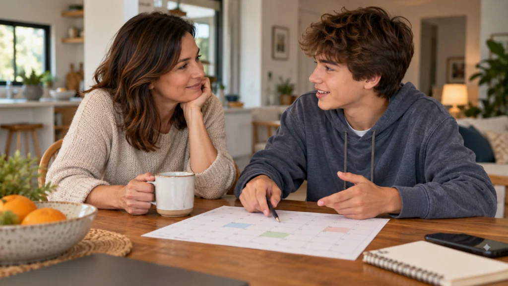 A parent and teenager discussing a weekend social plan over a simple calendar, respectful relaxed home setting