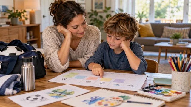 A parent and child comparing a few activity options on a simple weekly plan, sports bag and art supplies nearby
