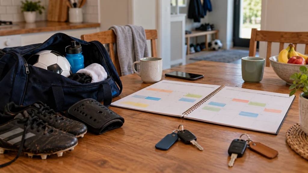 A neutral shared sports calendar with a child’s kit bag and clearly marked transport responsibilities, no identifiable family records