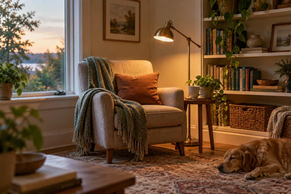 A modest quiet reading corner in a family home with a stable chair, warm reading lamp and a few neatly stored books