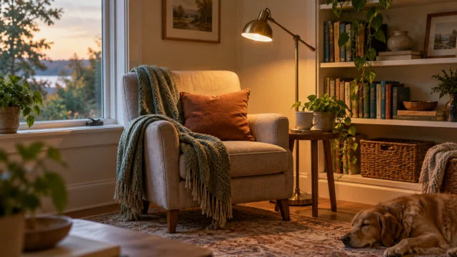 A modest quiet reading corner in a family home with a stable chair, warm reading lamp and a few neatly stored books
