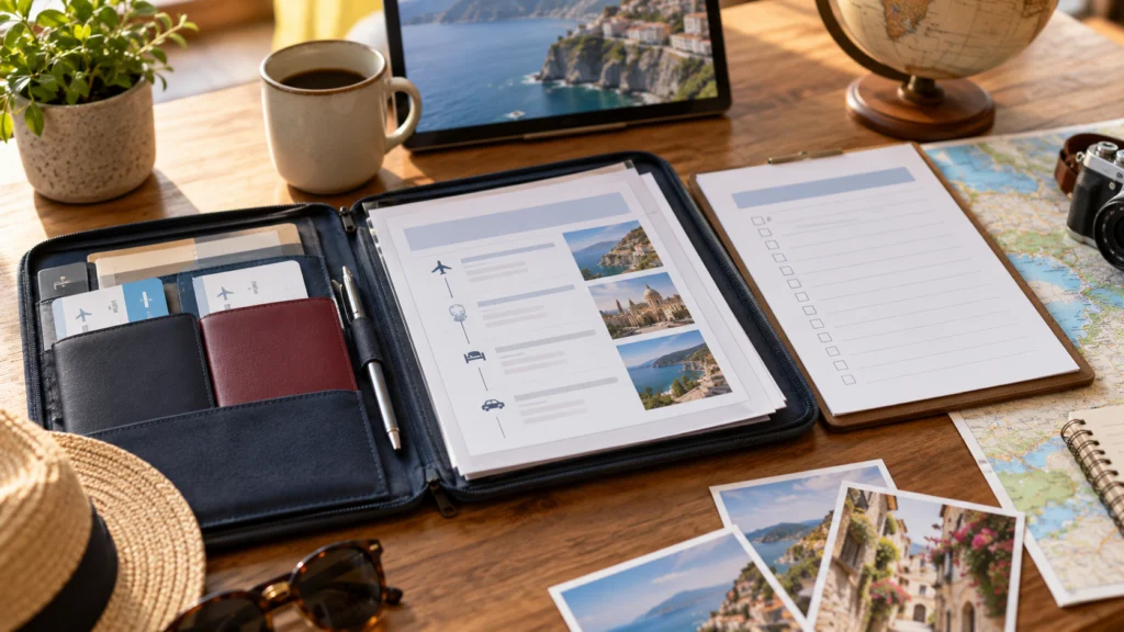 A generic family travel planning folder with an itinerary, unfilled document checklist and passport covers, no personal details