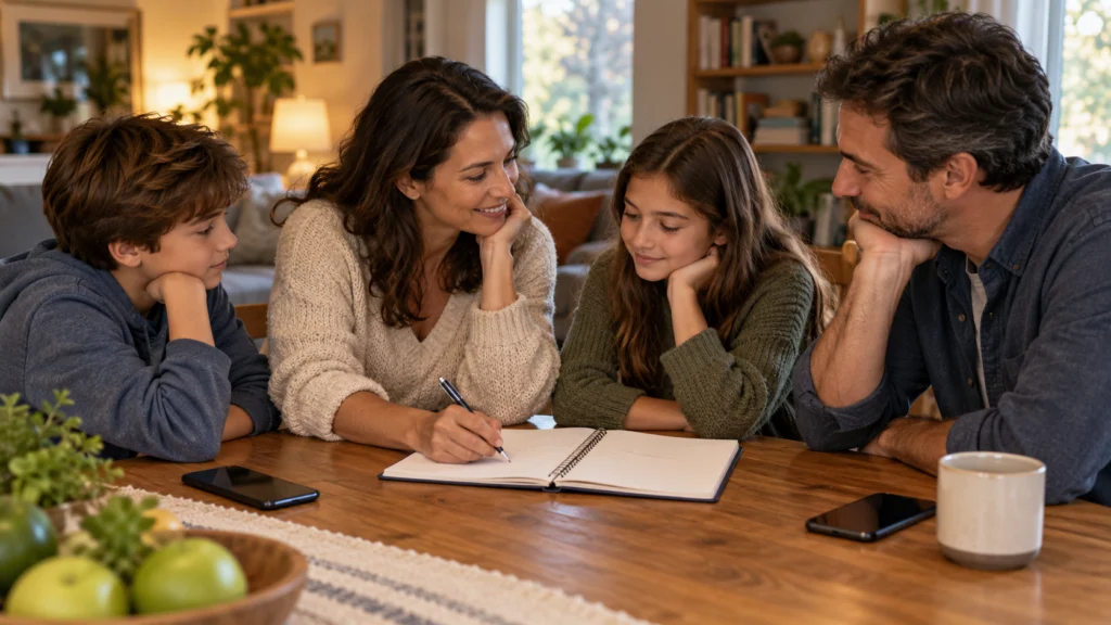 A family calmly discussing a simple media plan with phones set aside and a shared notebook, warm home setting