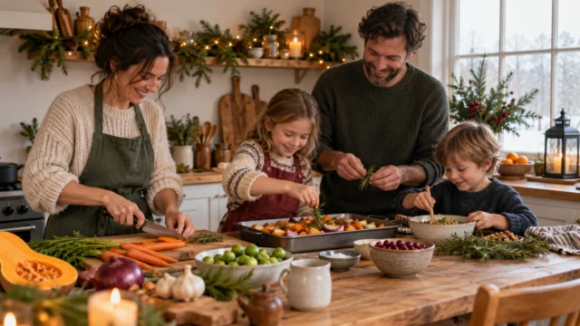 A family preparing a simple shared recipe at home with reused seasonal decorations and a relaxed atmosphere