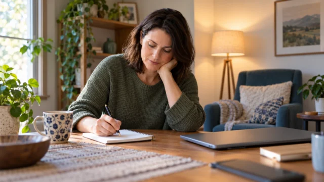 An adult preparing a short list of questions before a family support consultation, calm private room and no visible personal records