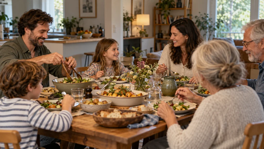 A relaxed shared meal in a family home with adults and children, ordinary welcoming setting without staged displays of affection