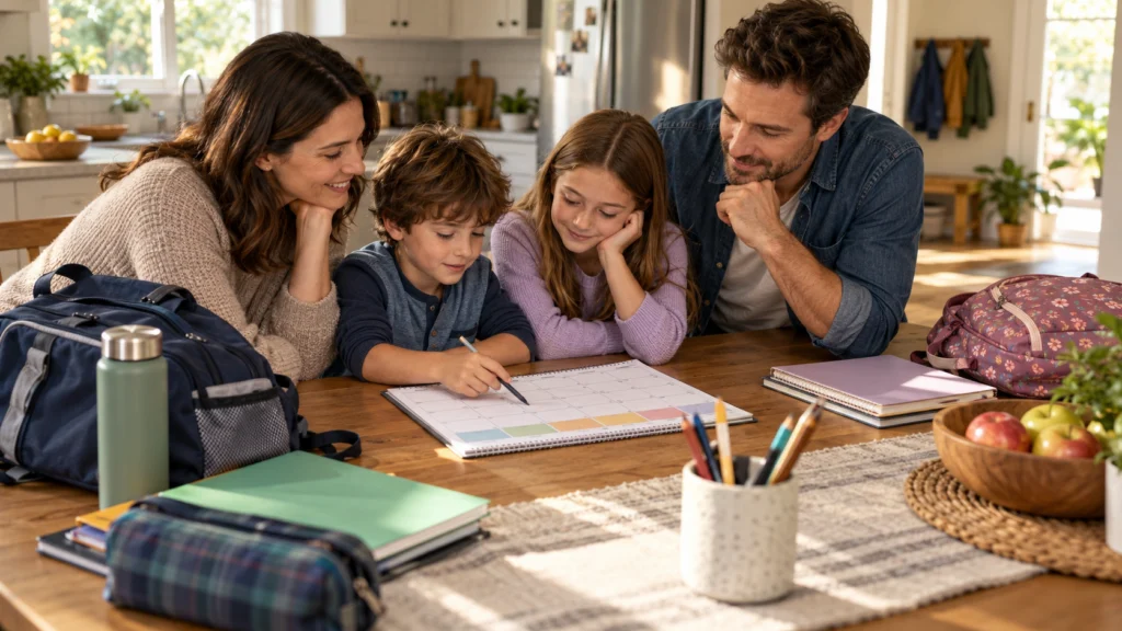 A family reviewing a simple school-week calendar at a kitchen table with school bags and open space for rest