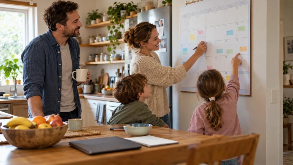 A simple family wall calendar with clear commitments and visible blank spaces, shared kitchen setting