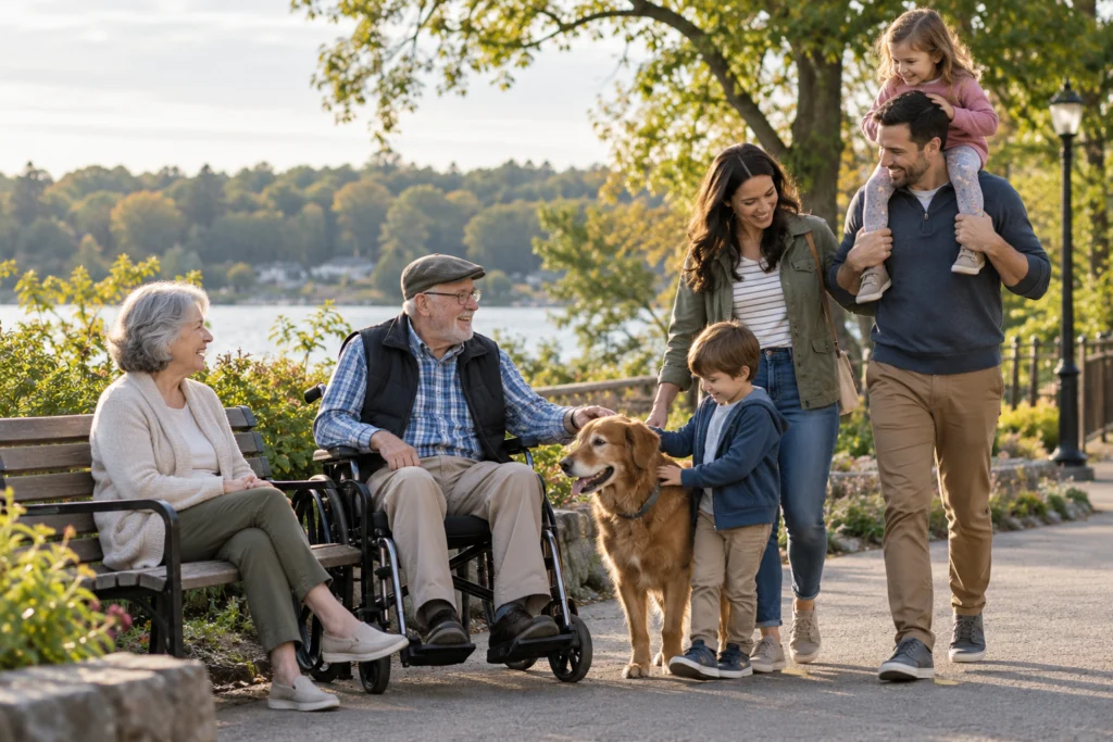 A multigenerational family enjoying a modest park outing with accessible seating and a relaxed pace