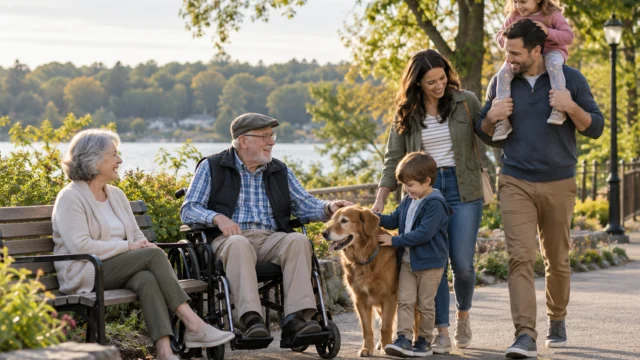 A multigenerational family enjoying a modest park outing with accessible seating and a relaxed pace