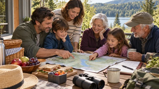 A multigenerational family planning a relaxed weekend with a park map, picnic items and a simple shared calendar