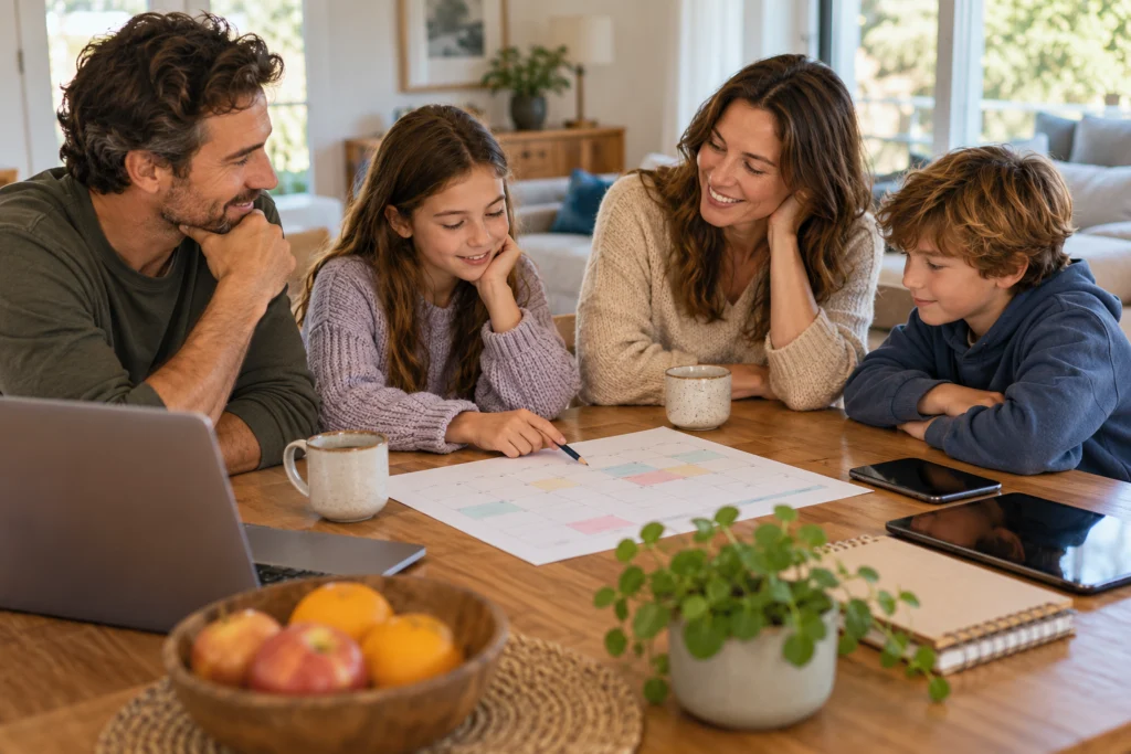 A family having a brief relaxed check-in around a table with a simple weekly calendar and devices set aside