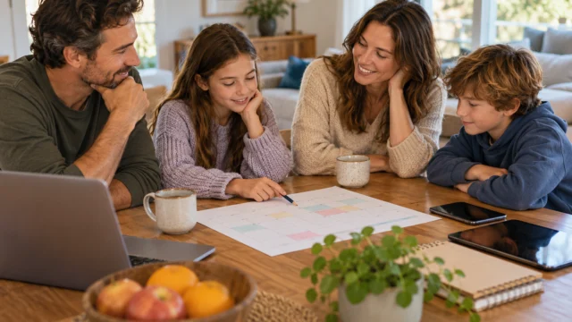 A family having a brief relaxed check-in around a table with a simple weekly calendar and devices set aside