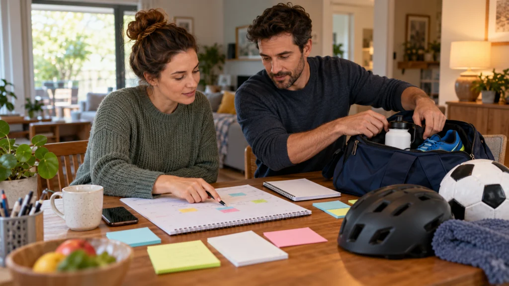 Two adults organising a child’s hobby tasks with a kit bag, calendar and clear responsibility notes on a table