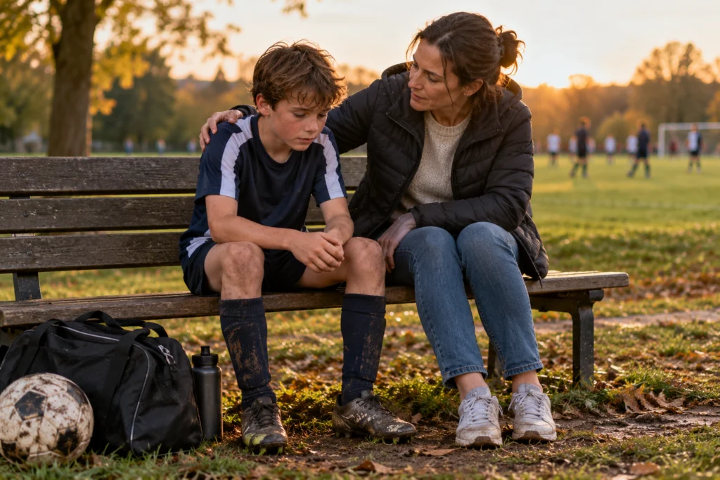 A parent quietly supporting a child after a sports event on a park bench, kit bag nearby and calm respectful body language