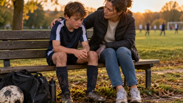 A parent quietly supporting a child after a sports event on a park bench, kit bag nearby and calm respectful body language