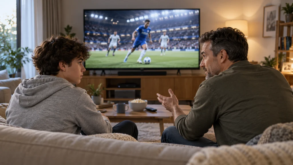A parent and teenager discussing a generic sports advertisement on a paused television, no betting logos or gambling instructions