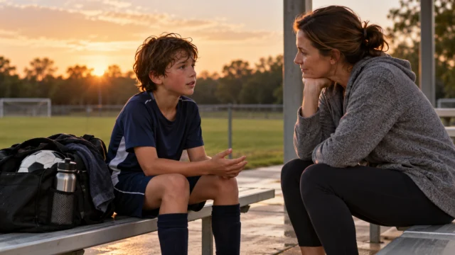 A parent listening to a child beside a sports kit bag after practice, calm private setting without competition trophies
