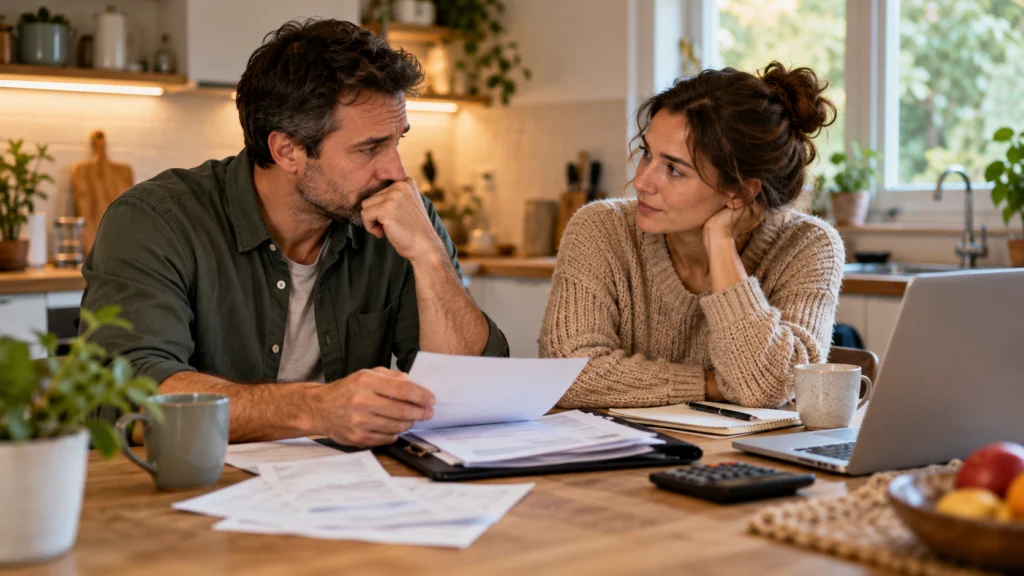 Two adults having a calm private conversation at a kitchen table with a household bill folder, supportive non-judgmental atmosphere